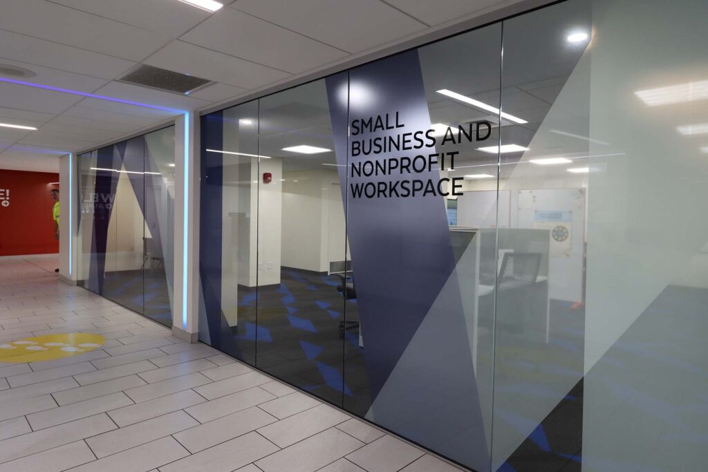 Clearview Tinting helped with the Toledo Library Renovation by applying window films like this custom graphic and decorative film for the small business and nonprofit workspace.