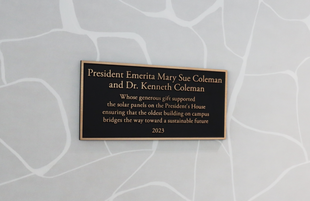 A wall plaque commemorates the gift of solar efficiency products to the President's Residence at the University of Michigan in Ann Arbor, Mich.