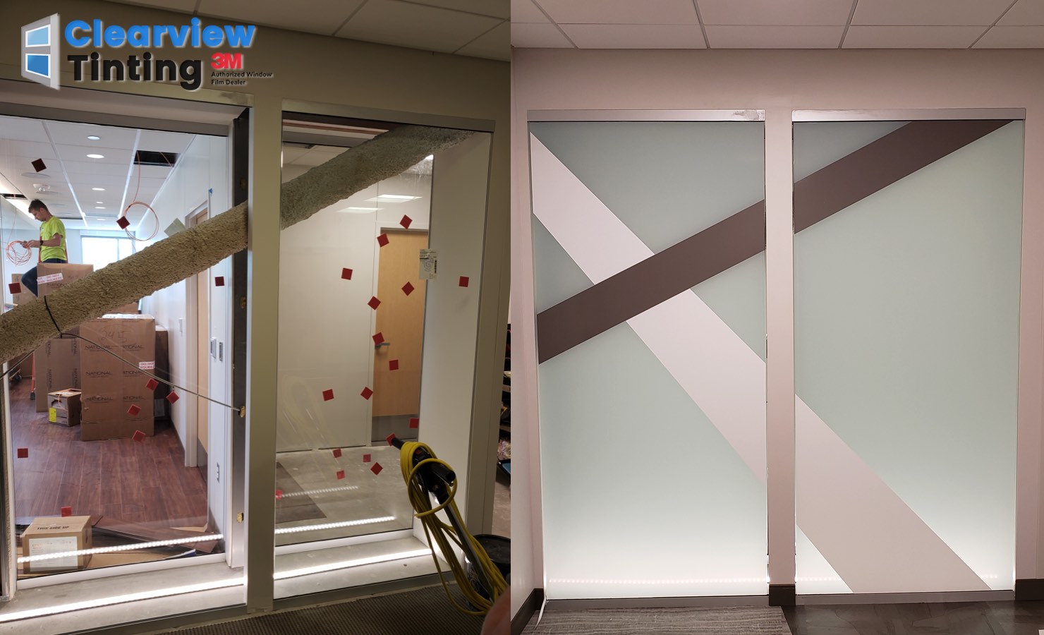 Featured image for “Custom Decorative Window Film Used To Hide Beam in Office Space”